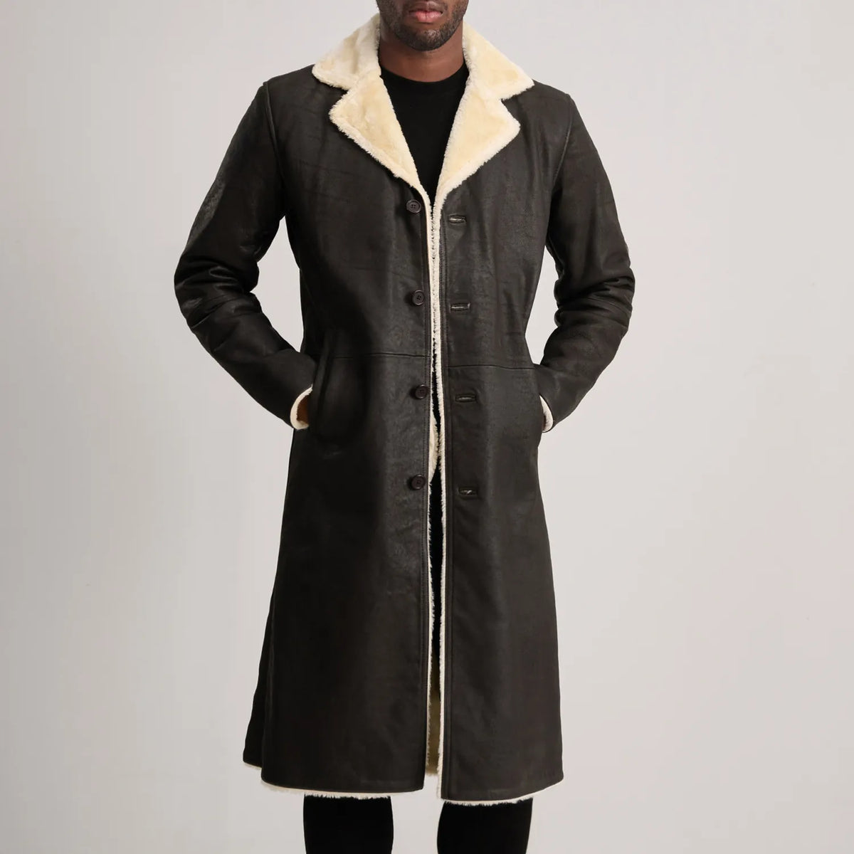 Detailansicht of Notch &amp; Button Hardware on Kolby Tumbled Brown Shearling Long Coat
