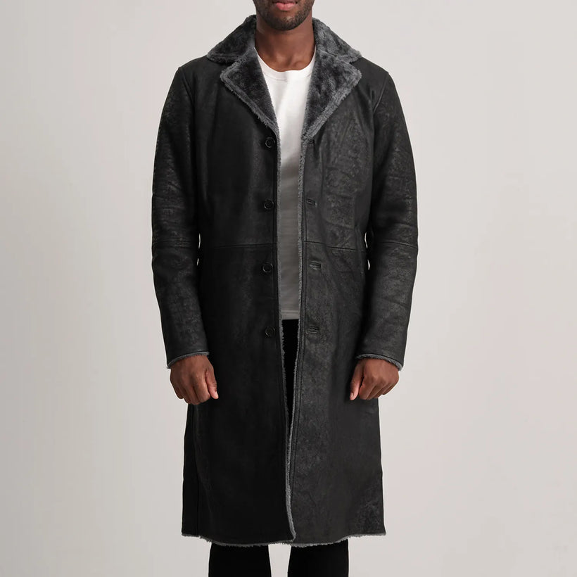 Kolby Vintage-Schwarz Leather Shearling Ledermantel für Herren