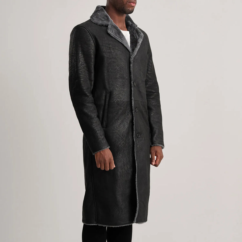 Kolby Vintage-Schwarz Leather Shearling Ledermantel für Herren