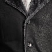 
Detailansicht of Notch & Button Hardware on Kolby Distressed Black Shearling Long Coat