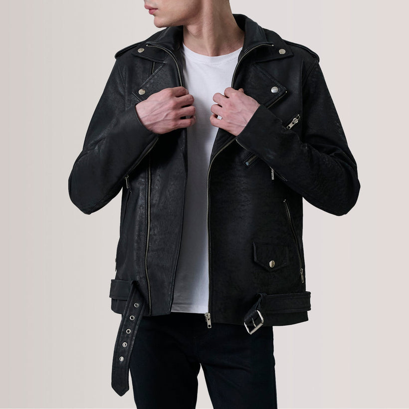 Kole Vintage-Schwarz Leather Double Rider Lederjacke für Herren