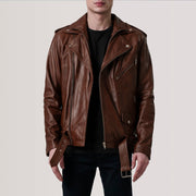 Kole Waxed Braun Leather Double Rider Lederjacke für Herren in Distressed Brown Sheepskin Burnished - Vorderansicht &amp; maßgeschneiderte Silhouette | Online Kaufen