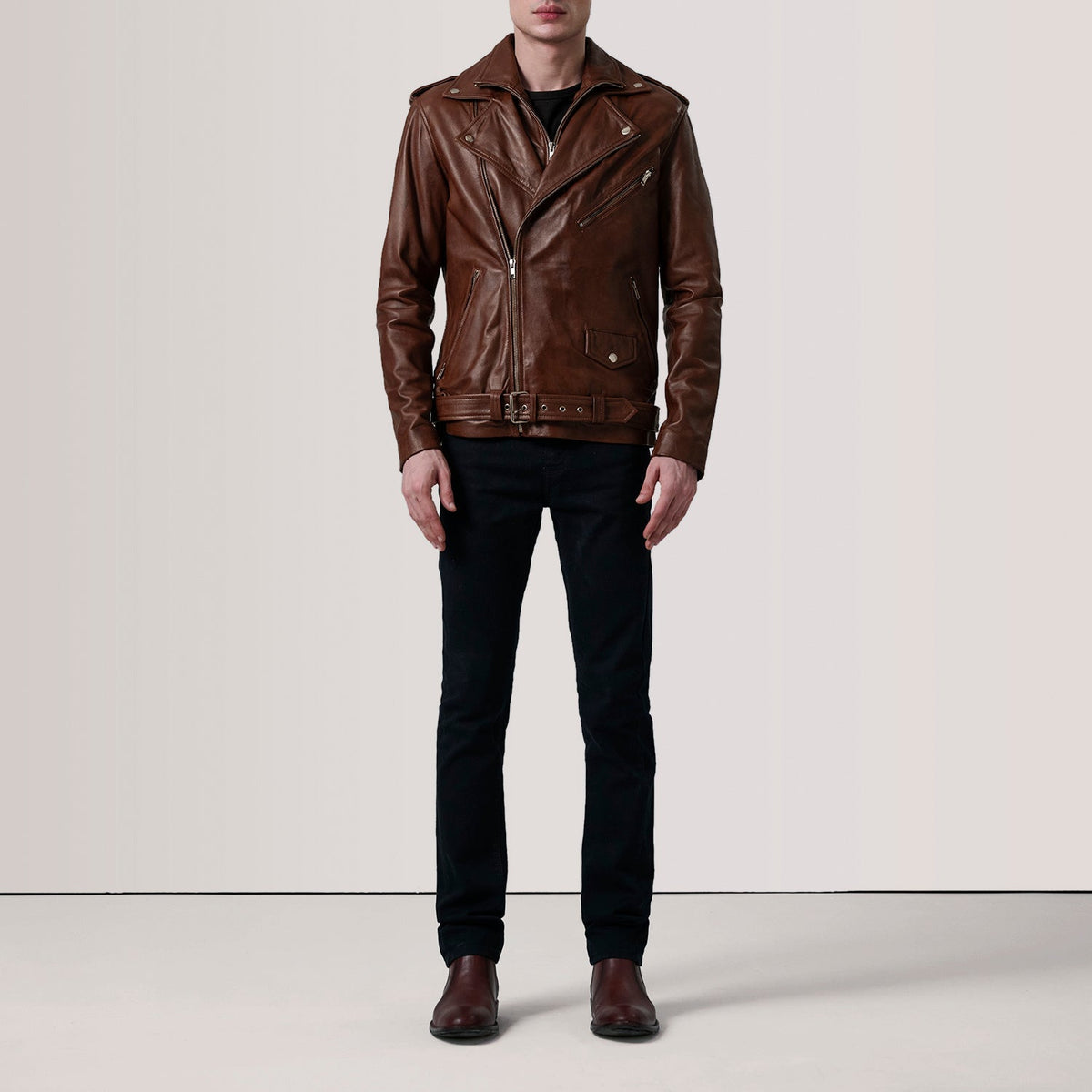 Distressed Brown Sheepskin Burnished Biker Jacket - Rückansicht mit passgenauen Schultern &amp; sauberem Saum