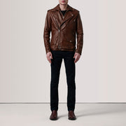 Distressed Brown Sheepskin Burnished Biker Jacket - Rückansicht mit passgenauen Schultern &amp; sauberem Saum