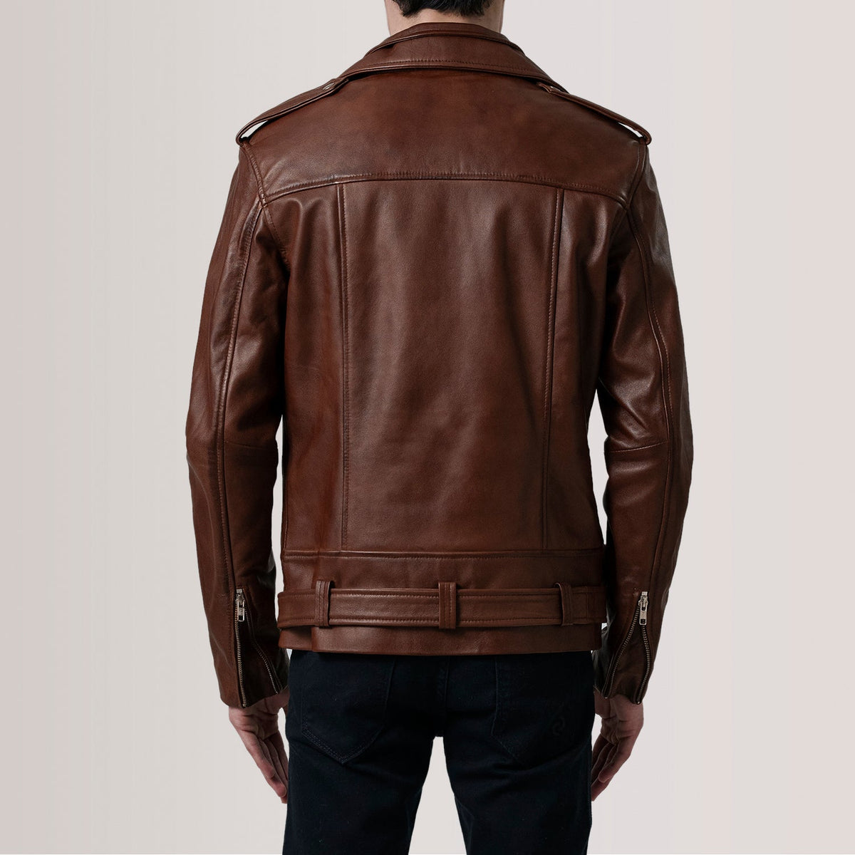 Detailansicht of Notch &amp; Zipper &amp; Waist Straps Hardware on Kole Waxed Braun Leather Double Rider Lederjacke für Herren