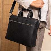 Classic 100% Full-Grain leather Briefcase - Rear Perspective Showing Reinforced Leather Straps &amp; Stitching