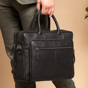 Classic 100% Full-Grain leather Briefcase - Rear Perspective Showing Reinforced Leather Straps &amp; Stitching