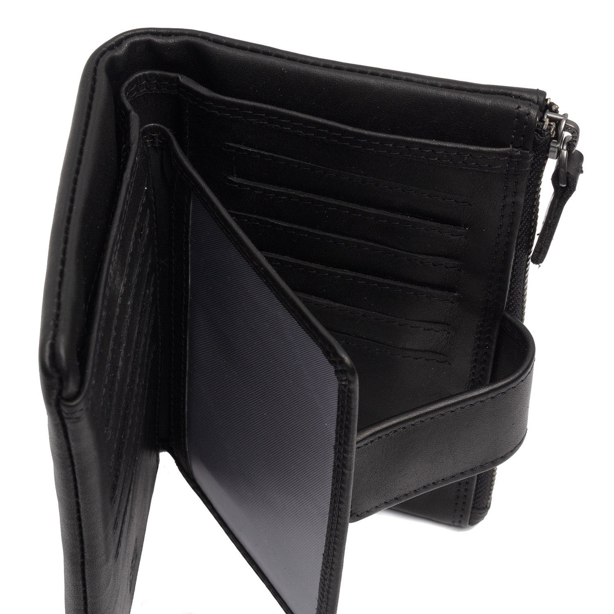 Solid Antique Brass Hardware &amp; Heavy-Duty Dual Zipper Detail on Landau Full-Grain Ledergeldbörse für Damen