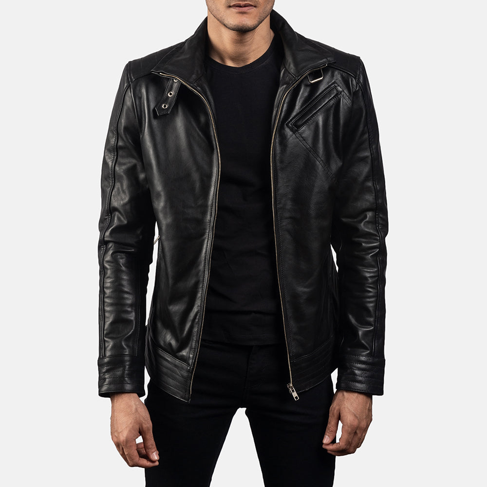 Men's Legacy Schwarz Leder-Bikerjacke für Herren in Black Cowhide Leather - Vorderansicht &amp; maßgeschneiderte Silhouette | Online Kaufen