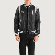 Liberte Illinois Schwarz Leather Varsity Lederjacke für Herren in Black &amp; White Sheepskin Leather - Vorderansicht &amp; maßgeschneiderte Silhouette | Online Kaufen