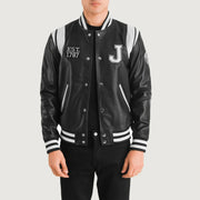 
Liberte New Jersey Schwarz Leather Varsity Lederjacke für Herren in Black & White Sheepskin Leather - Vorderansicht & maßgeschneiderte Silhouette | Online Kaufen