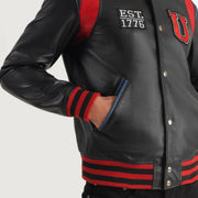 Detailansicht of Varsity &amp; Snap Button Hardware on Liberte USA Black Leather Varsity Jacket