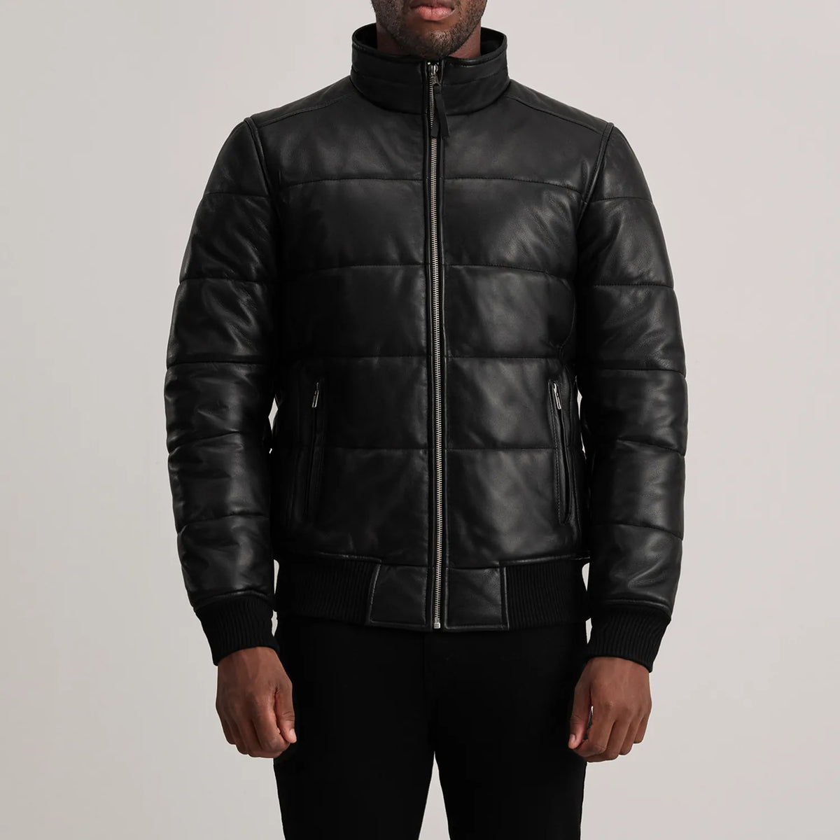Detailansicht of High neck &amp; Zipper Hardware on Lucas Blue Leather Puffer Bomber Jacket