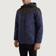 
Black & Blue Full-Grain Leather Hooded Jacket - Rückansicht mit passgenauen Schultern & sauberem Saum