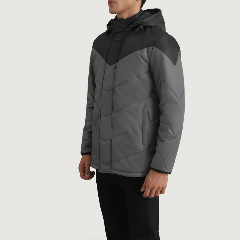 Luka Schwarz & Grau Hooded Puffer Lederjacke für Herren