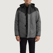 
Luka Schwarz & Grau Hooded Puffer Lederjacke für Herren - Seitenansicht mit ergonomischem Ärmelschnitt & sportlicher Passform