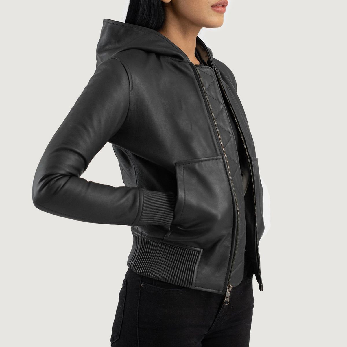 Luna Hooded Leder-Bomberjacke für Damen – Zusätzliche Produktansicht 2