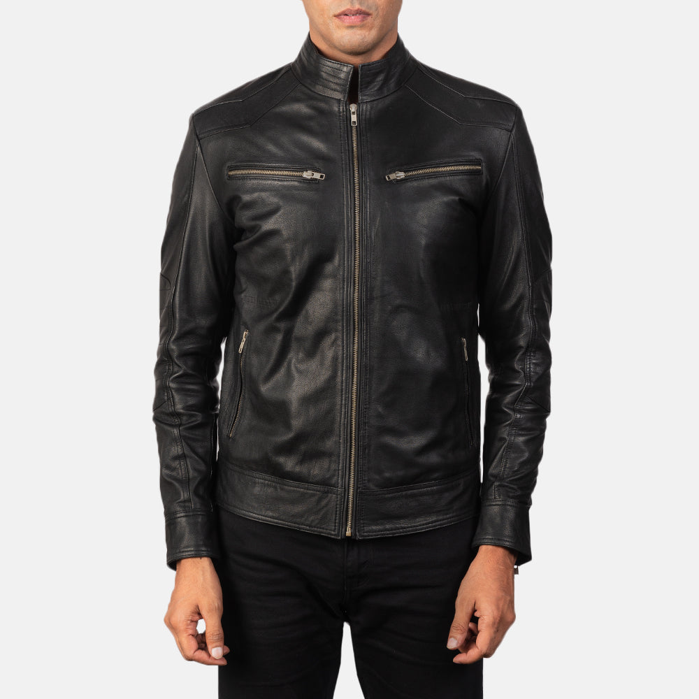 Detailansicht of Band &amp; Zipper Hardware on Men's Mack Schwarz Leder-Bikerjacke für Herren