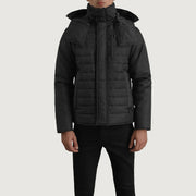
Detailansicht of Classic Collar & Zipper With Placket Hardware on Malcolm Schwarz Hooded Puffer Lederjacke für Herren