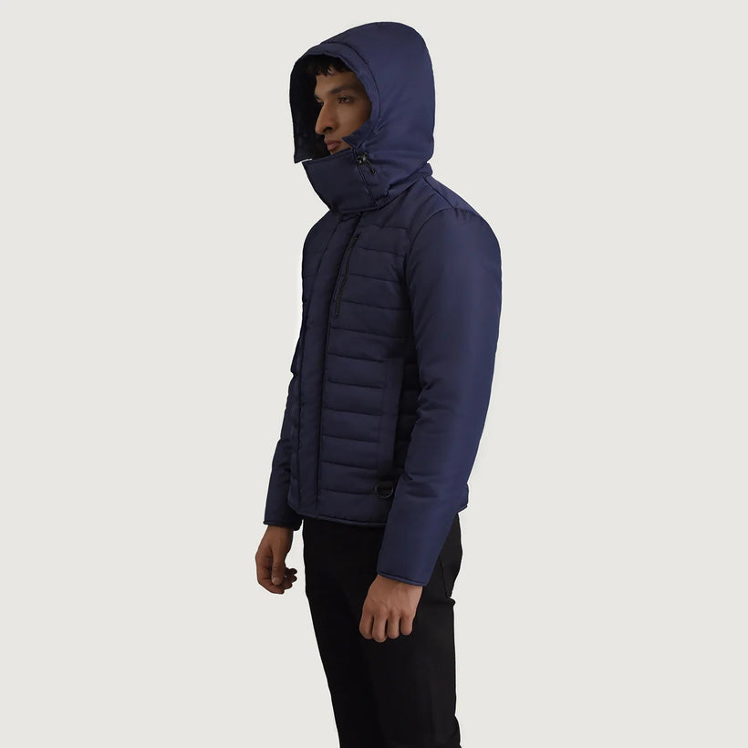 Malcolm Blau Hooded Puffer Lederjacke für Herren
