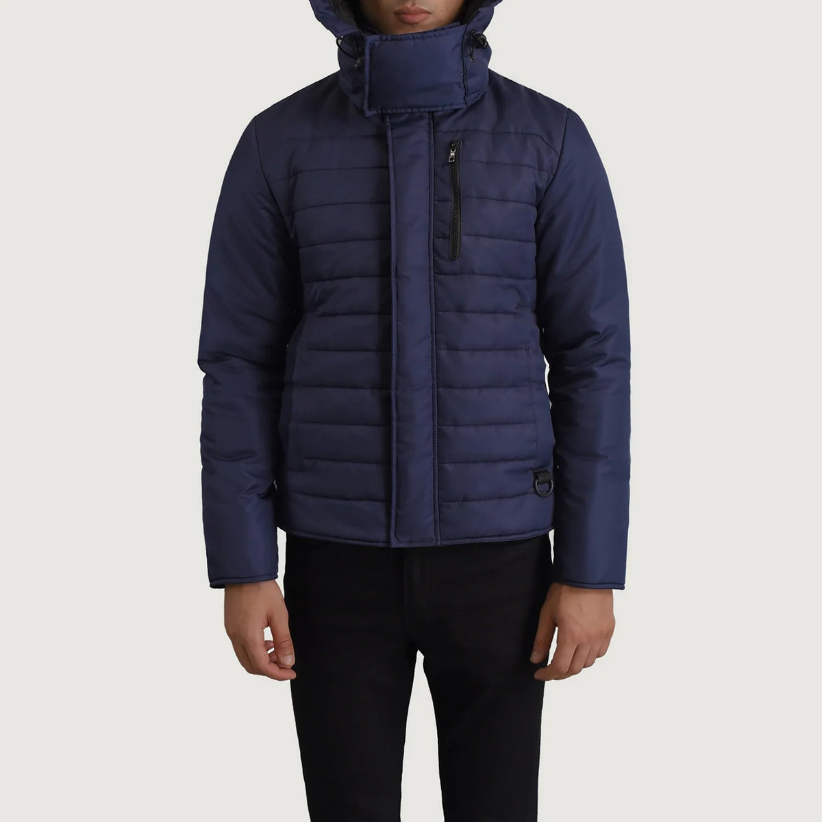 
Detailansicht of Classic Collar & Zipper With Placket Hardware on Malcolm Blau Hooded Puffer Lederjacke für Herren