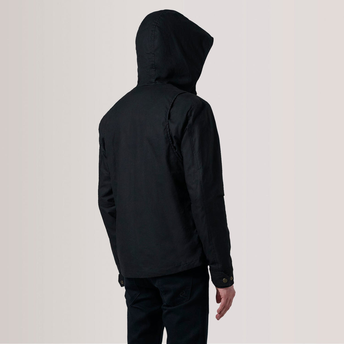Detailansicht of Hooded &amp; Zipper with placket Hardware on Marlo Schwarz Canvas Hooded Work Lederjacke für Herren For Men