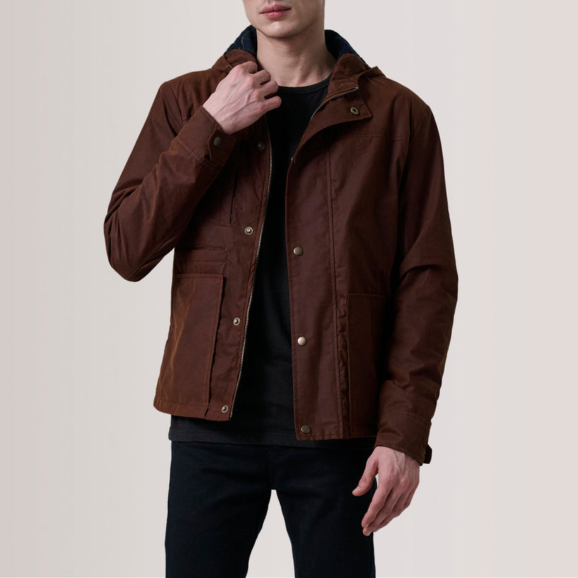 Marlo Braun Canvas Hooded Work Lederjacke für Herren