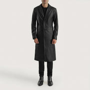Mateo Black Leather Single Breasted Coat - Seitenansicht mit ergonomischem Ärmelschnitt