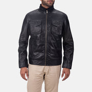 Maurice Schwarz Lederjacke für Herren in Black Sheepskin Leather - Vorderansicht &amp; maßgeschneiderte Silhouette | Online Kaufen
