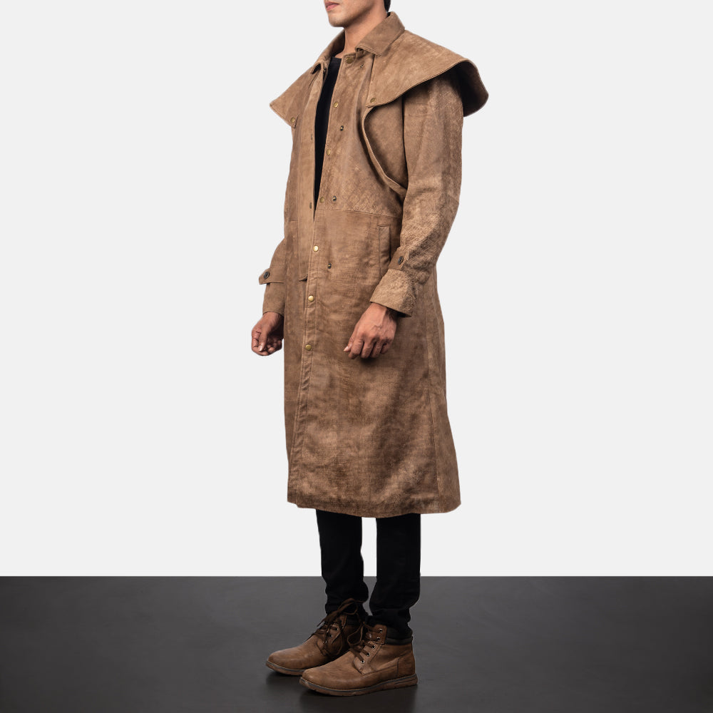 Distressed Brown Sheepskin Snuffed Suede Jacket - Rückansicht mit passgenauen Schultern &amp; sauberem Saum