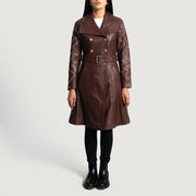 Maroon Sheepskin Leather Trench Coat - Rückansicht mit passgenauen Schultern &amp; sauberem Saum