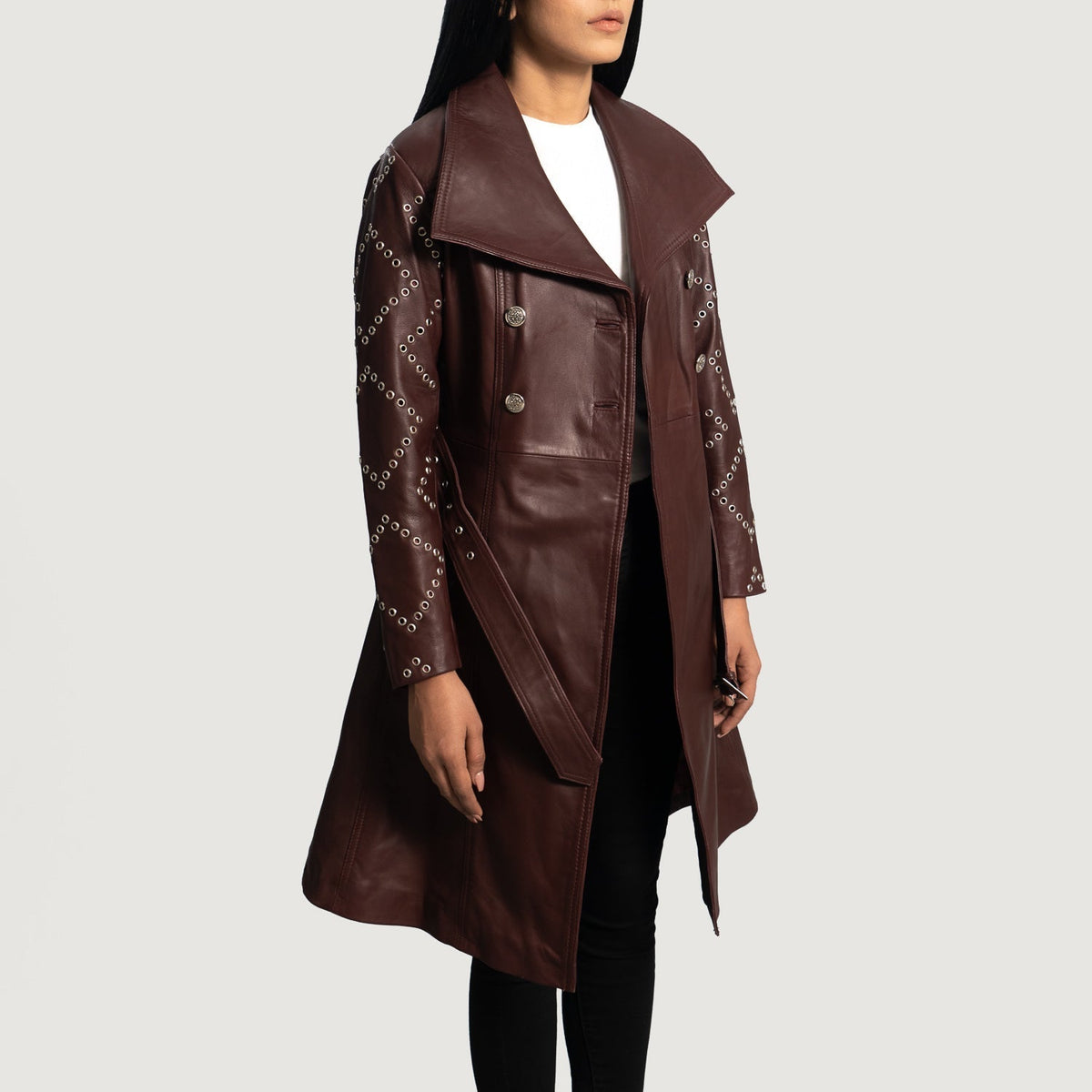 Women's Missoni Kastanienbraun Leder-Trenchcoat für Damen - Seitenansicht mit ergonomischem Ärmelschnitt