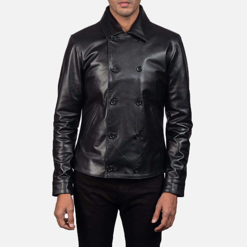 Mod Schwarz Leather Peacoat für Herren in Black Cowhide Leather - Vorderansicht &amp; maßgeschneiderte Silhouette | Online Kaufen