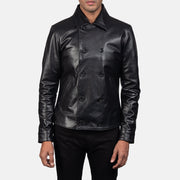 Mod Schwarz Leather Peacoat für Herren in Black Cowhide Leather - Vorderansicht &amp; maßgeschneiderte Silhouette | Online Kaufen