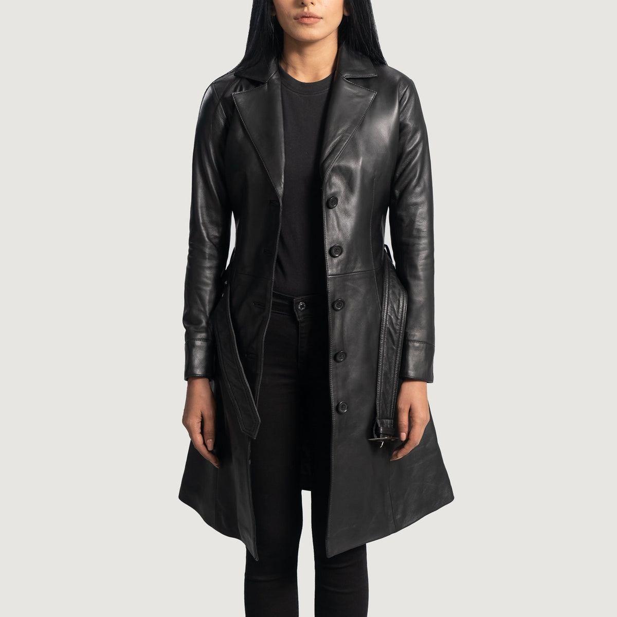 Women's Moonlight Schwarz Leder-Trenchcoat für Damen in Black Sheepskin Leather - Vorderansicht &amp; maßgeschneiderte Silhouette | Online Kaufen