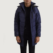 
Moore Blau Hooded Parka für Herren in Blue Full-Grain Leather - Vorderansicht & maßgeschneiderte Silhouette | Online Kaufen