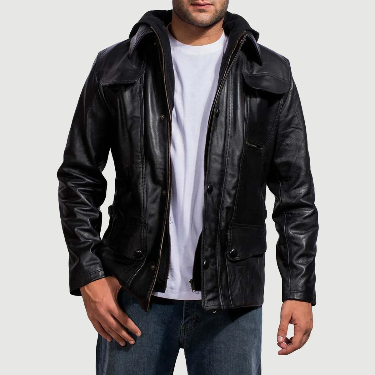 Men's Moulder Hooded Schwarz Lederjacke für Herren in Black Cowhide Leather - Vorderansicht &amp; maßgeschneiderte Silhouette | Online Kaufen