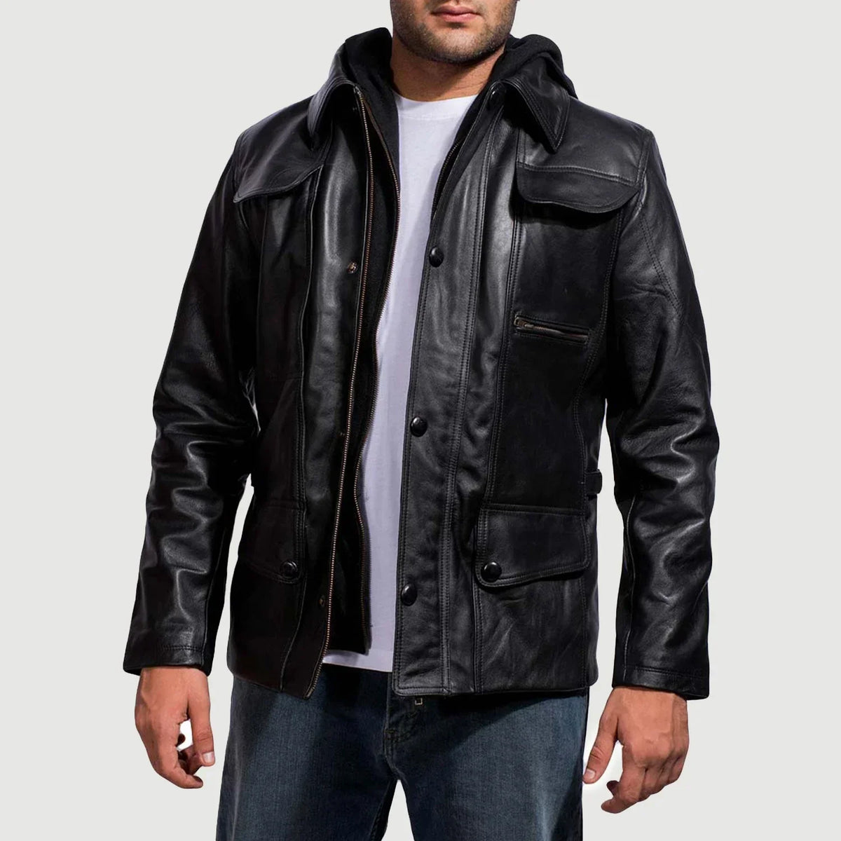 Black Cowhide Leather Hooded Jacket - Rückansicht mit passgenauen Schultern &amp; sauberem Saum
