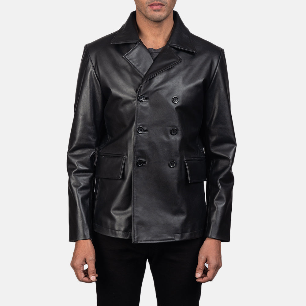 Men's Mr. Bailey Schwarz Leather Naval Peacoat für Herren in Black Cowhide Leather - Vorderansicht &amp; maßgeschneiderte Silhouette | Online Kaufen