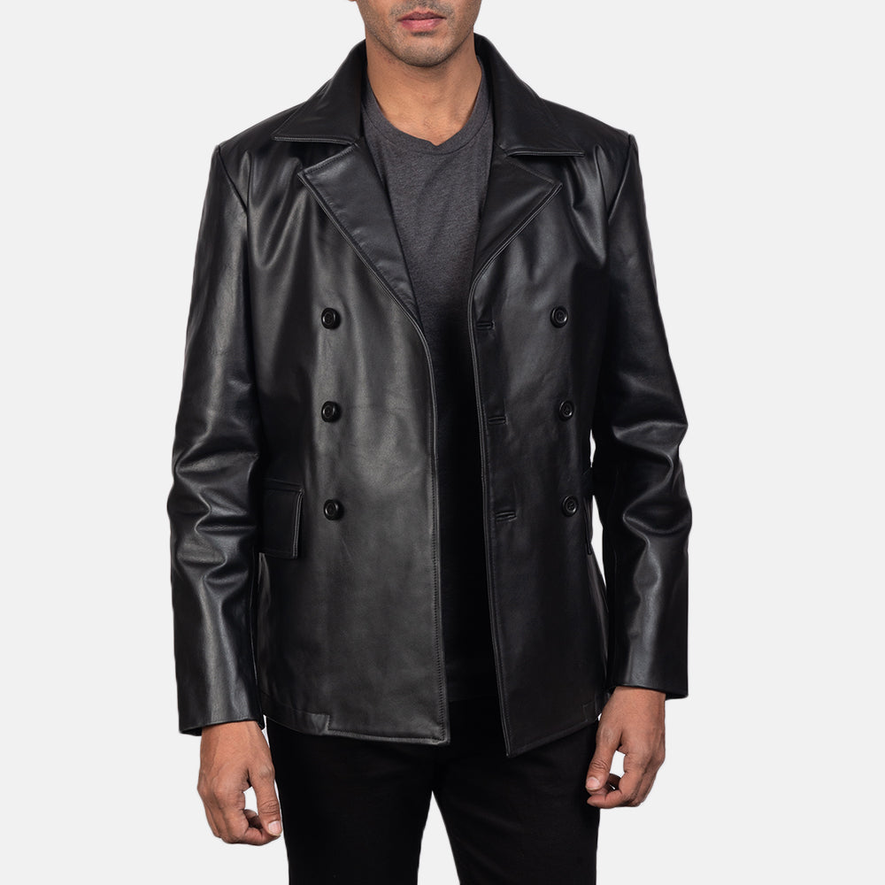 Detailansicht of Notch &amp; Buttons Hardware on Men's Mr. Bailey Schwarz Leather Naval Peacoat für Herren