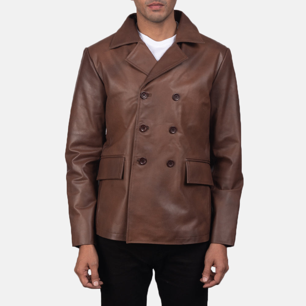 Mr. Bailey Braun Leather Naval Peacoat für Herren in Brown Cowhide Leather - Vorderansicht &amp; maßgeschneiderte Silhouette | Online Kaufen