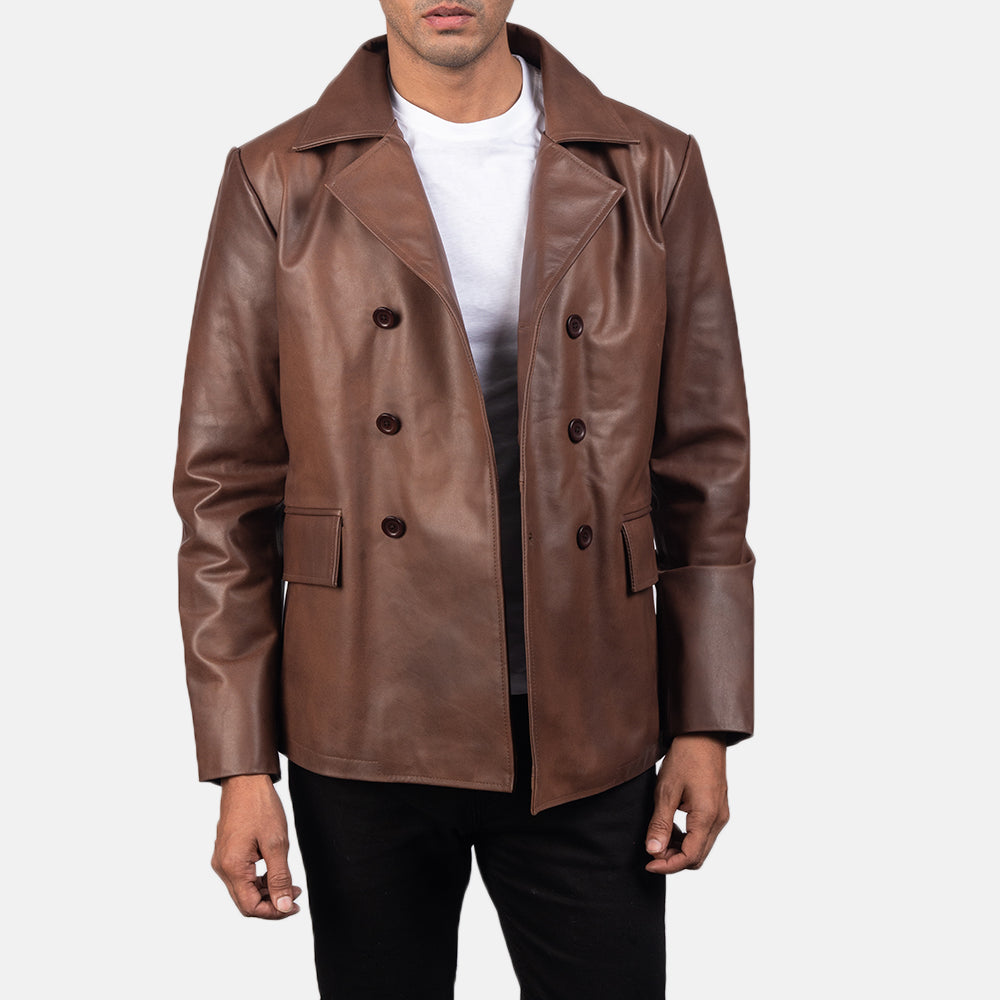 Detailansicht of Notch &amp; Buttons Hardware on Mr. Bailey Braun Leather Naval Peacoat für Herren