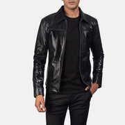 Men's Mystical Black Leather Jacket in Black Cowhide Leather - Vorderansicht &amp; maßgeschneiderte Silhouette | Online Kaufen