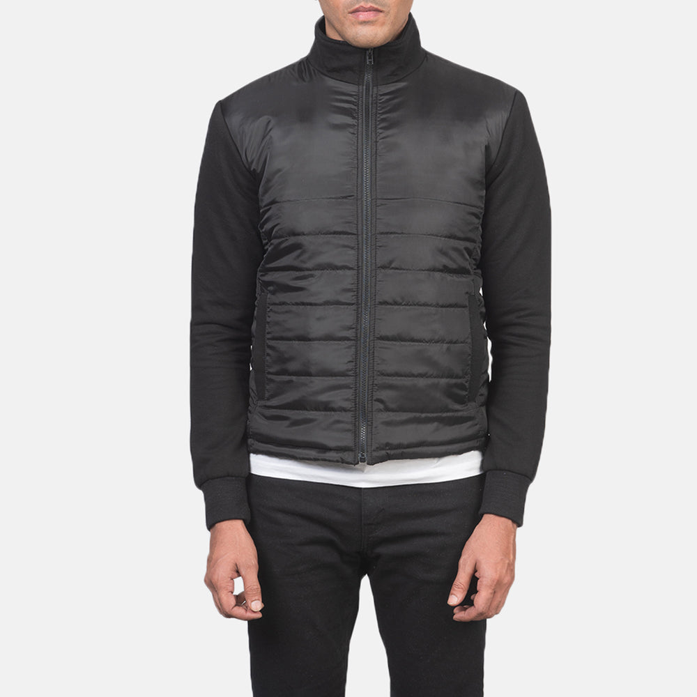 Detailansicht of High Neck &amp; Zipper with wind flap Hardware on Men's Nashville Gesteppt Schwarz Windbreaker Lederjacke für Herren
