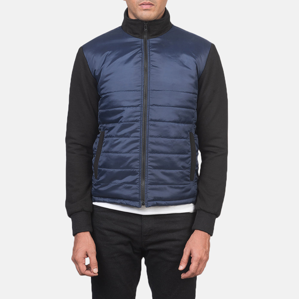 Detailansicht of High Neck &amp; Zipper with wind flap Hardware on Men's Nashville Gesteppt Blau Windbreaker Lederjacke für Herren