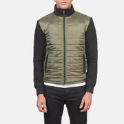 
Detailansicht of High Neck & Zipper with wind flap Hardware on Nashville Gesteppt Grün Windbreaker Lederjacke für Herren