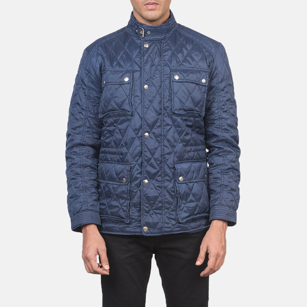 Men's Nelson Gesteppt Blau Windbreaker Lederjacke für Herren - Seitenansicht mit ergonomischem Ärmelschnitt
