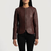 Women's Nexi Quilted Maroon Leather Jacket in Maroon Sheepskin Leather - Vorderansicht &amp; maßgeschneiderte Silhouette | Online Kaufen