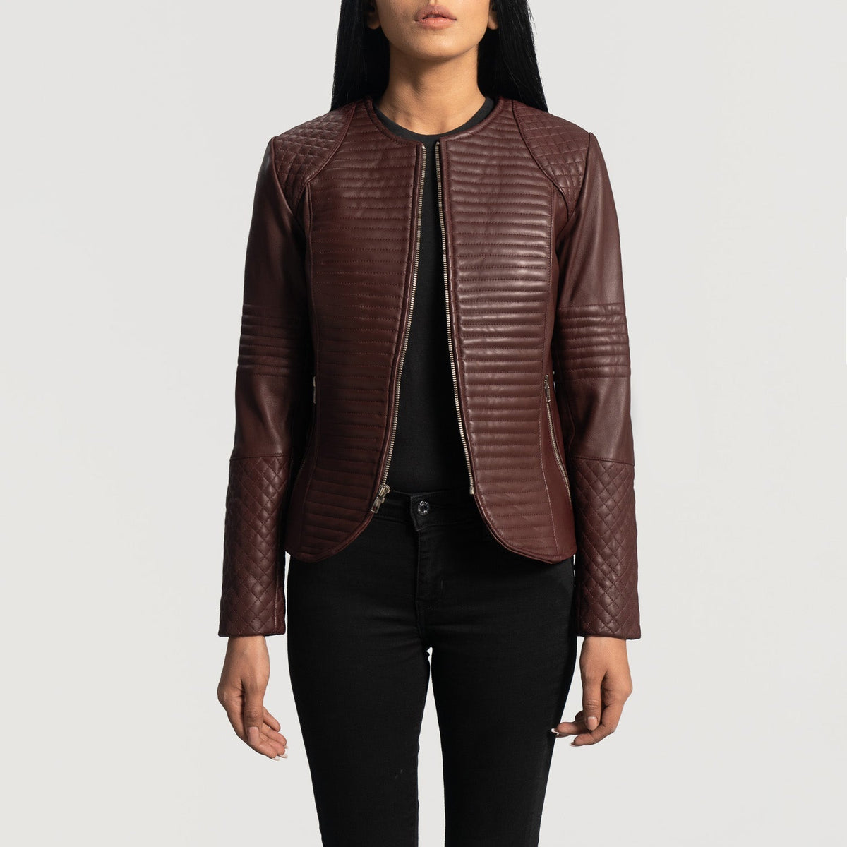 Women's Nexi Quilted Maroon Leather Jacket - Seitenansicht mit ergonomischem Ärmelschnitt