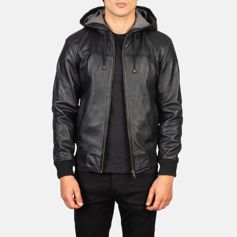 Men's Nintenzo Black Hooded Leather Jacket in Black Sheepskin Leather - Vorderansicht &amp; maßgeschneiderte Silhouette | Online Kaufen